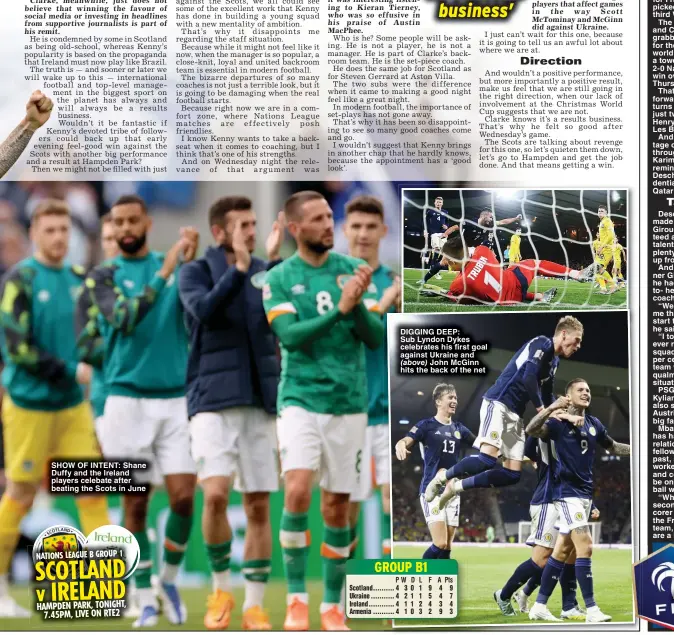  ?? ?? SHOW OF INTENT: Shane Duffy and the Ireland players celebate after beating the Scots in June
DIGGING DEEP:
Sub Lyndon Dykes celebrates his first goal against Ukraine and
John McGinn hits the back of the net