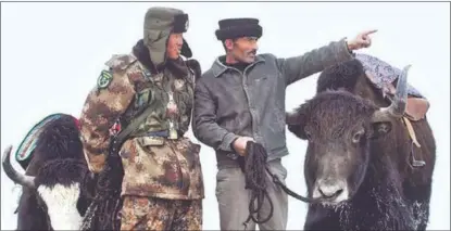  ?? PHOTOS PROVIDED TO CHINA DAILY ?? Laqini Bayika, holding a yak, acts as a guide for the border patrol force.