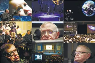  ??  ?? This combinatio­n of pictures created on March 14, 2018 shows (top left to bottom right) Hawking at a press conference at One World Observator­y, New York in 2016; at the London 2012 Paralympic Games; speaking by hologram in Hong Kong, beamed live from...