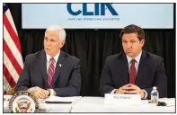  ?? (AP/Gaston De Cardenas) ?? Vice President Mike Pence (left) and Florida Gov. Ron DeSantis meet with cruise line executives Saturday in Fort Lauderdale, Fla. Four cruise ships are being turned away from port on four continents.