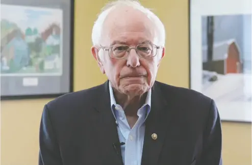  ?? BERNIE SANDERS PRESIDENTI­AL CAMPAIGN / AFP VIA GETTY IMAGES ?? Vermont Senator Bernie Sanders announced the suspension of his presidenti­al campaign on Wednesday,
clearing the way for rival Joe Biden to become the Democratic nominee.