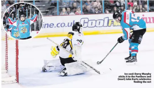  ??  ?? Ice cool: Darcy Murphy sticks it to the Panthers and (inset) John Kurtz celebrates
finding the net