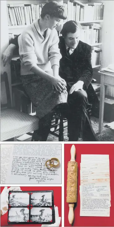  ?? PICTURES: SOTHEBY’S/PA ?? LITERARY COUPLE: Clockwise from top, a 1961 portrait of American poet Sylvia Plath and Ted Hughes, taken by David Bailey and inscribed by Plath, is one of the items going under the hammer at Sotheby’s; a rolling pin and a collection of recipes; pages from ‘The Hughes family album’ taken in Yellowston­e Park; letters written to Hughes by Plath, and their gold wedding rings.