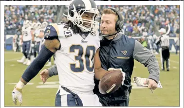  ?? AP ?? DOUBLE TROUBLE: Thanks to running back Todd Gurley — an MVP candidate — and new head coach Sean McVay, the Rams more than doubled their point total from last season.