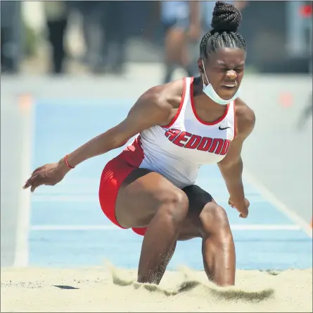  ?? PHOTO BY GREG ANDERSEN ?? Redondo’s Eve Divinity placed in the top eight in three events at the Division 1finals at Mission Viejo, including fourth in the long jump at 18-11⁄2.