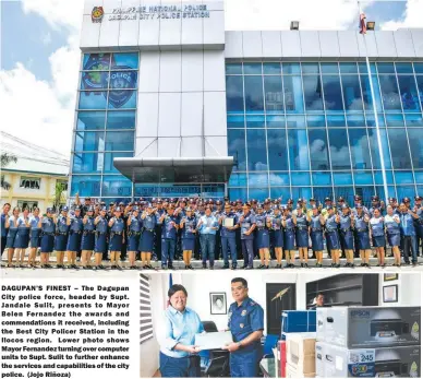  ??  ?? DAGUPAN’S FINEST – The Dagupan City police force, headed by Supt. Jandale Sulit, presents to Mayor Belen Fernandez the awards and commendati­ons it received, including the Best City Policer Station in the Ilocos region. Lower photo shows Mayor Fernandez...