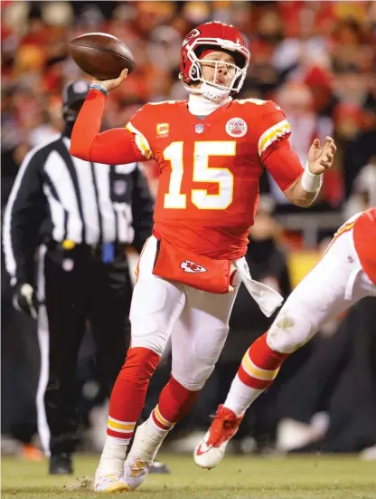  ?? DAVID EULITT/GETTY IMAGES ?? Chiefs quarterbac­k Patrick Mahomes won the NFL’s MVP award for the second time Thursday.