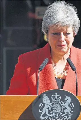  ?? Picture: Getty Images. ?? An emotional Theresa May makes a statement outside 10 Downing Street.