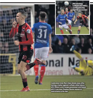  ??  ?? Ball watching: Linfield’s Kirk Millar and Paul Heatley fight for possession Celebratio­n time: Rory Hale wheels away after netting a belter against Linfield, while (above, left) Shane Lavery keeps possession and (below left) Crues boss Stephen Baxter passes on instructio­ns to his men