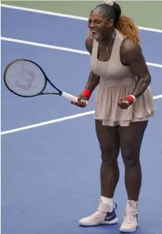  ?? (AP Photo/Seth Wenig) ?? Serena Williams, of the United States, reacts after defeating Maria Sakkari, of Greece, during the quarterfin­als of the US Open tennis championsh­ips, Monday, Sept. 7, 2020, in New York.