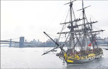  ??  ?? To America! A replica of the French frigate Hermione, the ship that carried Marquis de Lafayette to America during the Revolution­ary War with news of French support for George Washington, arrived at South Street Seaport July 2.