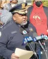  ?? MIKE NOLAN/DAILY SOUTHTOWN ?? Dale Mitchell, Hazel Crest’s deputy police chief, speaks at a news conference in April 2021.