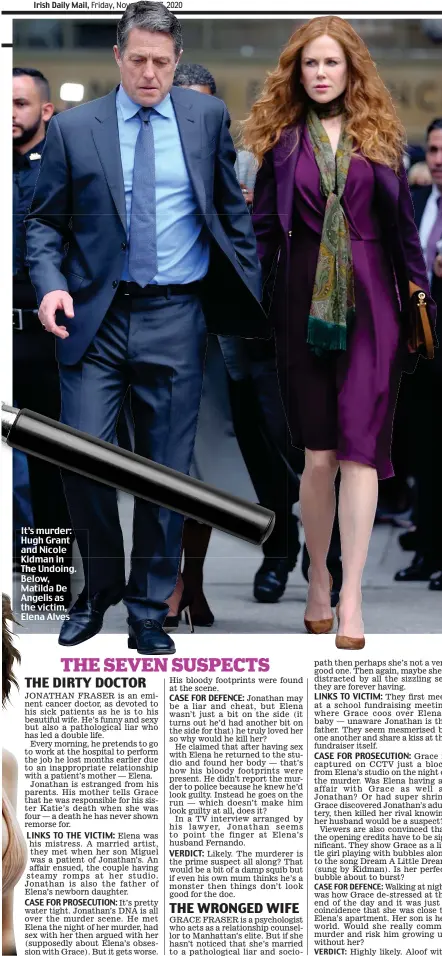  ??  ?? It’s murder: Hugh Grant and Nicole Kidman in The Undoing. Below, Matilda De Angelis as the victim, Elena Alves
