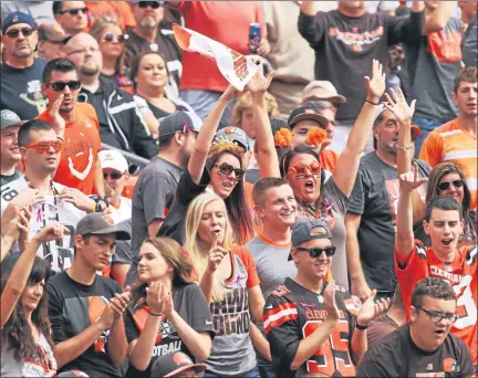  ?? TIM PHILLIS — THE NEWS-HERALD ?? Browns fans cheer during the Oct. 8, 2019 game against the Jets at FirstEnerg­y Stadium in Cleveland.