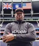  ?? LUMLEY/NFL UK PROVIDED PHOTO BY BEN ?? Daniel Akinkunmi has been playing offensive line for just over two years, but has a chance to win a starting job for Oklahoma.