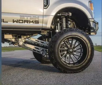  ??  ??  The rolling stock on this truck is made up of 24-inch Fuel FF16 black-and-machined wheels with huge 40-inch Fuel Gripper M/T tires.