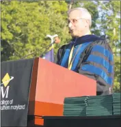  ??  ?? College of Southern Maryland President Bradley Gottfried speaks to his last graduating class as president at the college’s 58th spring commenceme­nt.