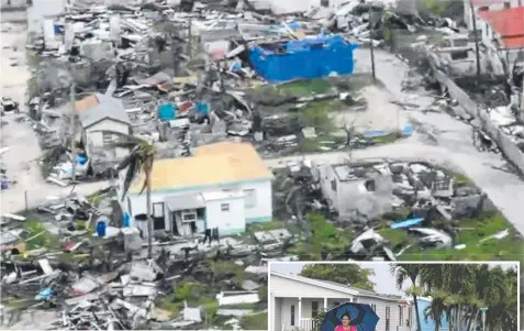  ??  ?? BATTERED: Destructio­n in Barbuda after Hurricane Irma. RIGHT: Peggy Wallace walks through floodwater­s in Davie, Florida.