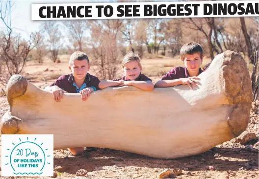  ??  ?? Cooper, Allie and Darcy Edwards size up against a replica of Cooper's rear leg at the Eromanga Natural History Museum. Picture: Steve Young