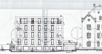  ?? VISUALISIE­RUNGEN: STADT LINDAU ?? Weil die fünf Geschosse deutlich niedriger werden als bisher geplant, wird der Neubau in der Dreierstra­ße 2 nicht mal annähernd so hoch wie das daneben stehende Stabsgebäu­de.