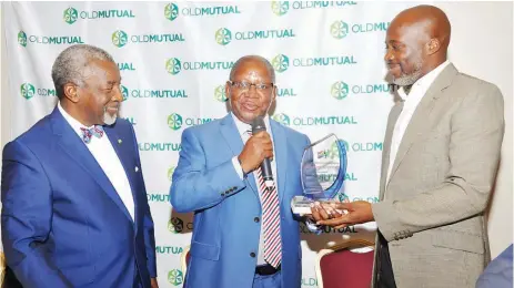  ??  ?? Chairman, Nigeria South Africa Chamber of Commerce (NSACC), Foluso Phillips (left); Chief Executive Officer, Lemuel Technologi­es Ltd, Bola Adegbonmir­e and Group CEO, Old Mutual West Africa, Chris Kapanga at the NSACC breakfast forum sponsored by Old...