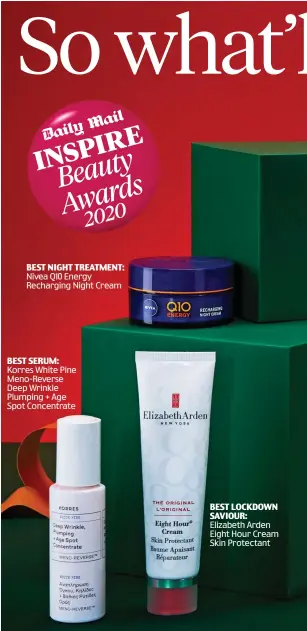  ??  ?? BEST SERUM: Korres White Pine Meno-Reverse Deep Wrinkle Plumping + Age Spot Concentrat­e
BEST LOCKDOWN SAVIOUR: Elizabeth Arden Eight Hour Cream Skin Protectant