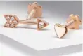  ??  ?? Above: 14-carat 7.5mm Diamond Arrow Stud, €285; 14-carat Heart Stud, €125, both Maria Tash, Brown Thomas