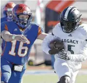  ??  ?? Legacy Preparator­y Christian Academy’s Jay Smith (5) runs past Covenant Christian Academy’s Mason Roach (16) in the second half Saturday.