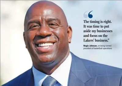  ?? AP ?? Magic Johnson, on being named president of basketball operations Former superstar point guard Magic Johnson is now in charge of basketball operations for the Los Angeles Lakers after the team fired general manager Mitch Kupchak on Tuesday .