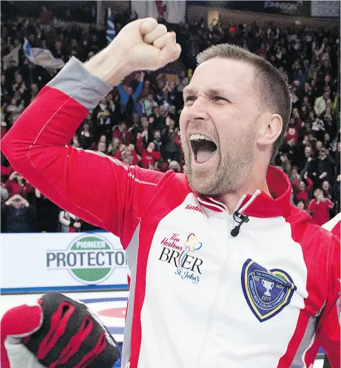  ?? ANDREW VAUGHAN / THE CANADIAN PRESS ?? Newfoundla­nd and Labrador skip Brad Gushue reacts after defeating Team Canada 7- 6 to win the Tim Hortons Brier curling championsh­ip in St. John’s on Sunday.