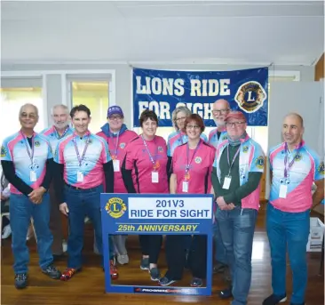  ??  ?? Enjoying the Lions Ride for Sight are West Gippsland riders (from left): Ian de Bruyne, Colin Matthies, Mark Sage (rider), Tracey Matthies (event support), Jenny Herdman (event support), Jan Hodge, Andrea Keppel (organising committee secretary and...