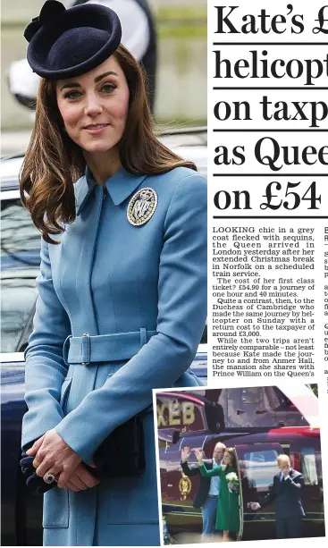 ??  ?? Above: Kate in London on Sunday. Inset: Using the royal helicopter with William in 2014