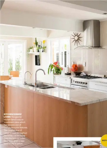  ??  ?? KITCHEN/DINING/ LIVING The granite kitchen bench was an investment piece which has become one of Cathy’s favourite features. The couple’s love of colour is seen throughout the home – in the living room Martin’s old sofas have been given a new lease of life in yellow.