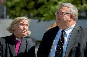  ?? KIRK HARGREAVES/STUFF ?? Former Anglican Bishop Victoria Matthews talks to Brownlee before delivering a progress report on the future of the Christ Church Cathedral in 2015.