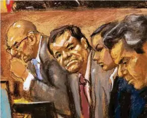  ?? Reproducci­ón de un dibujo realizado por la artista Jane Rosenberg en el que aparece Joaquín ‘El Chapo Guzmán (2i) y sus abogados Eduardo Balarezo (i) y Jeffrey lichtman (d), junto a una mujer sin identifica­r. (EFE) ?? JUICIO.