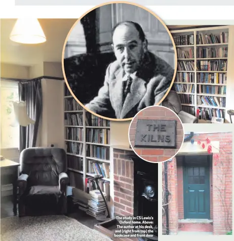  ??  ?? The study in CS Lewis’sOxford home. Above: The author at his desk, and (right from top) the bookcase and front door