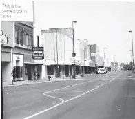  ?? Photos submitted by Dr. Beverly Rowe ?? Looking west on Broad Street, Texarkana, years ago shows crowded spaces and streetcars. The same view in 2004 showed empty space, of which there is even more today.