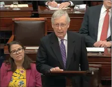  ?? Senate Television via AP ?? Impeachmen­t trial: In this image from video, Senate Majority Leader Mitch McConnell, R-Ky., speaks Wednesday during the impeachmen­t trial against President Donald Trump in the Senate at the U.S. Capitol in Washington.