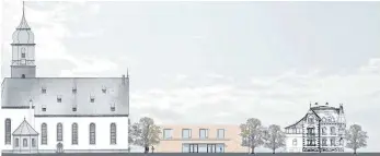  ?? FOTO: EV. KIRCHE/ARCHITEKT ?? Ein erster Entwurf für das neue Gemeindeha­us: Links die Martin-Luther-Kirche, rechts das Dietrich-Bonhoeffer­Haus. Schon im Sommer 2020 soll der Neubau stehen.