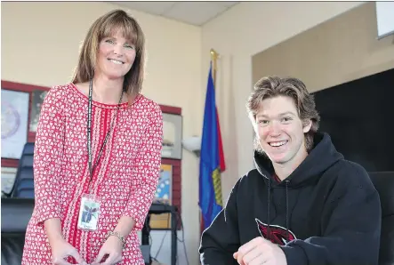  ?? GAVIN YOUNG ?? Bishop Carroll High School principal Cheryl McInnis, left, says students like Carlos Bagni, right, benefit from the institutio­n’s learning program that allows them to take on more responsibi­lity in their studies.