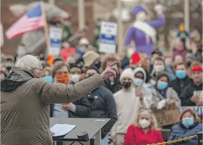  ?? SETH HERALD/AFP VIA GETTY IMAGES ?? Sen. Bernie Sanders speaks to Kellogg's workers in downtown Battle Creek, Michigan, on Friday.