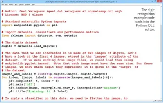  ??  ?? The digit recognitio­n example code loads into the Python IDLE editor.