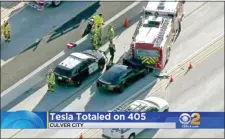  ?? KCBS-TV VIA AP, FILE ?? This file still frame from video provided by KCBS-TV shows a Tesla Model S electric car that has crashed into a fire engine on Interstate 405 in Culver City, Calif.