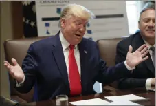  ?? PABLO MARTINEZ MONSIVAIS — THE ASSOCIATED PRESS ?? President Donald Trump gestures while speaking during a Cabinet meeting in the Cabinet Room of the White House on Monday in Washington. Sitting on the right is Secretary of State Mike Pompeo.