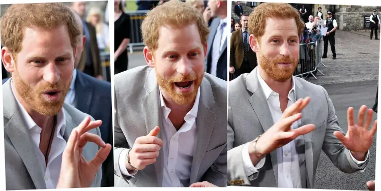  ??  ?? Gestures that say it all: A delighted Harry talks to the crowds outside Windsor Castle yesterday Ready for his big day: He said he ‘couldn’t wait’ for the wedding
