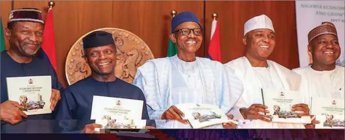  ??  ?? L-R: Minister of Budget and National Planning, Senator Udoma Udo Udoma; Vice President Yemi Osinbajo; President Muhammadu Buhari; Senate President Bukola Saraki and Speaker House of Representa­tives Yakubu Dogara