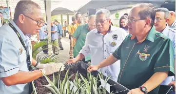  ??  ?? Uggah (right) and Mardi director general Datuk Dr Sharif Haron (second right) listen to a Mardi officer on the propagatio­n of pineapple.