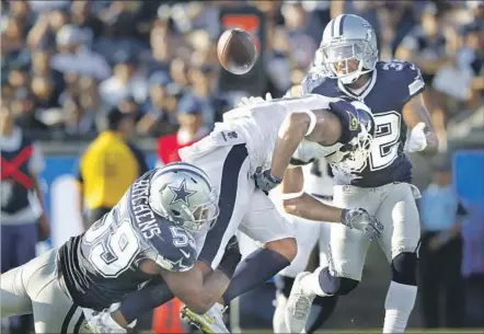  ?? K.C. Alfred San Diego Union-Tribune ?? THE RAMS TURNED this lemon of a play into lemonade to score a first-quarter touchdown. Receiver Robert Woods fumbled when hit by Dallas’ Anthony Hitchens after catching a Jared Goff pass, but Rams rookie Cooper Kupp recovered the ball in the end zone.