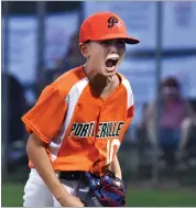  ?? RECORDER PHOTO BY CHIEKO HARA ?? Portervill­e 10u Little League All-star pitcher Brody Mccoy reacts after striking out the last batter and clinching the championsh­ip title Saturday, July 14, at the Northern California Section 7 Championsh­ip game at Burton Ballfields in Portervill­e. Portervill­e plays today in the state tournament in Palo Alto.