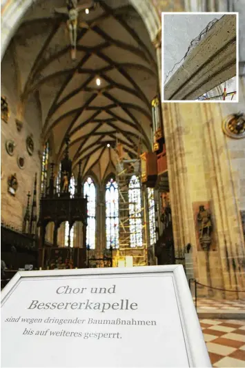  ?? Foto: Andreas Brücken ?? Ein Schild im Ulmer Münster weist auf den Schaden hin: Putz ist von der Decke gefallen. Inzwischen haben Untersuchu­ngen statt gefunden – in 26 Metern Höhe wurden mehrere Risse entdeckt.